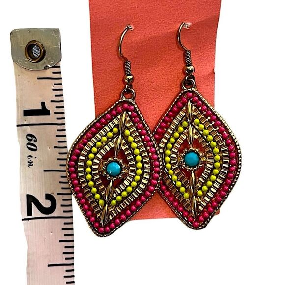 🌴 Colorful Beaded Diamond Shaped Drop Earrings Boho Statement Dangles - Picture 5 of 8